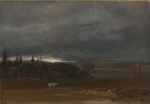  "Fields near Dresden with a White Horse" by Johan Christian Dahl, featuring an overcast sky with breaking sunlight over a vast landscape with muted earth tones, and a solitary white horse in the foreground.