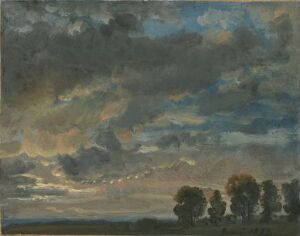  "Clouds in the Evening" by Johan Christian Dahl, featuring a dramatic sky filled with dark, moody clouds in shades of grey and blue, with a hint of peach near the horizon, and a silhouette of tree line at the bottom.