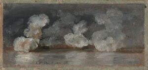  "Smoke from Cannon Shots," an oil on cardboard artwork by Johan Christian Dahl, showing a dark gray sky with realistic, billowing plumes of smoke in shades of off-white and gray emerging into the air above a vague, dark horizon line, conveying a moment of stillness after the intensity of cannon fire.