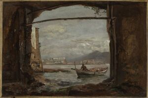  "View from a grotto near Posillipo" by Johan Christian Dahl features a framed seascape viewed from a dark, shadowed grotto with rough brown textures of rock in the foreground. A small boat with figures floats on the blue-green waters amid a tranquil bay, with a subtle cityscape under a pale blue sky in the distant background.