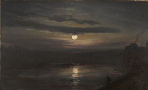  "The Elbe in Moonlight" by Johan Christian Dahl, an oil painting featuring a moonlit nocturnal landscape with the moon reflecting on the Elbe River, surrounded by a halo of light amidst a cloud-streaked sky, with dark riverbanks framing the scene.