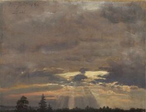  "Cloud Study with Sunbeams" by Johan Christian Dahl, an oil painting portraying a powerful sky with heavy clouds in grayscale and brown tones, punctuated by shafts of light in yellow and white from an unseen sun; below, a darkened landscape suggests the quiet silhouette of treetops against the horizon.