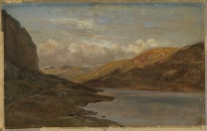  "Landscape at Nystuen in Filefjell," an oil on cardboard painting by Johan Christian Dahl, depicting a serene lake set between rolling hills and a steep mountain under a spacious sky with fluffy clouds.