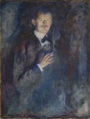  "Self-Portrait with Cigarette" by Edvard Munch, an oil on canvas painting showing the artist with a pale complexion in a dark suit, right hand raised holding a cigarette against a turbulent dark blue and black background, his gaze confronting the viewer.