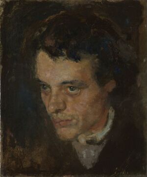  Oil on canvas portrait by Edvard Munch depicting a young man with a contemplative expression, using a subdued palette of dark, earthy tones and loose, expressive brushstrokes.