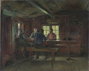  "Card Players" by Harriet Backer, a painting depicting four individuals engrossed in a card game inside a room with wooden walls and beams, illuminated by daylight from a window. The artwork is characterized by a palette of muted browns, golds, deep blues, soft grays, and warm reds.