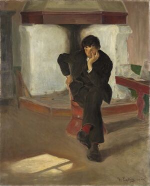  Oil painting by Halfdan Egedius on canvas showing a young man in black attire sitting on a bright red bench. The man gazes downward in contemplation, amidst a muted interior setting with soft lighting that suggests depth and texture.