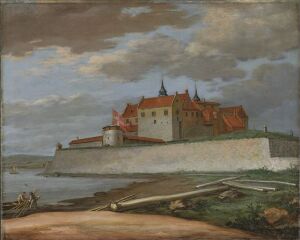  Oil painting by Jacob Coning on canvas, featuring a castle with red roofs on a rise near the sea, with detailed earthy foreground, calm blue-green sea, and a dynamic gray-white and blue sky.