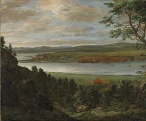  "Christiania" by Jacob Coning is an oil on canvas landscape painting, depicting a tranquil view of a green woodland foreground, a reflective water body with boats in the middle, a lone red-roofed house amidst the greenery, rolling hills in the background, and a soft cloudy sky above.