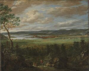  "Christiania" by Jacob Coning is an oil painting depicting a 17th-century Norwegian landscape, with a dynamic sky, a calm fjord, rustic buildings, and a lush foreground featuring rich greenery and a narrow path.