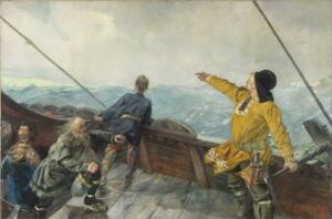  Oil painting by Christian Krohg featuring sailors on the deck of a wooden ship at sea. The main figure in a yellow slicker points off canvas, surrounded by other sailors and a turbulent blue-green ocean under a bright but overcast sky.