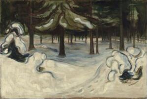  "Winter in the Woods" by Edvard Munch, an oil on paperboard painting, showing a snowy scene with dark conifer trees and sculpted snowdrifts in various tones of white, blue, and grey, representing a serene yet somber winter landscape.