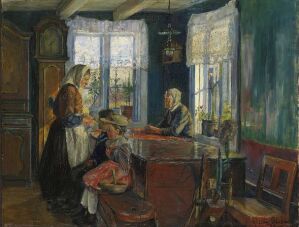  "Farm Interior" - Oil on canvas painting by Halfdan Strøm depicting a family scene inside a rustic farmhouse with traditional decor and an older woman standing beside a young boy at a wooden table, and another figure seated with his back to the viewer, bathed in soft light from two large windows with a view of greenery outside.