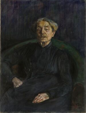  "Portrait of the Artist Aasta Hansteen" by Oda Krohg, an oil painting on canvas depicting an elderly woman, Aasta Hansteen, seated in a dark dress with contemplative expression against a shadowy green and black background.