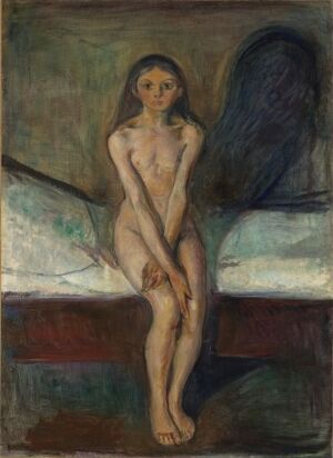  "Puberty" by Edvard Munch, oil on canvas, depicting a vulnerable, young girl seated naked on the edge of a bed, with a dark, wing-like shadow cast on the wall behind her, amidst a background of subdued colors and expressive brushwork.