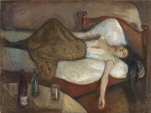  "The Day After" by Edvard Munch, an oil painting on canvas depicting a woman lying on her back in a rumpled white dress on a dark red-brown bed. Her expression is distant and weary amidst scattered green and brown bottles, suggesting a night of drunkenness.