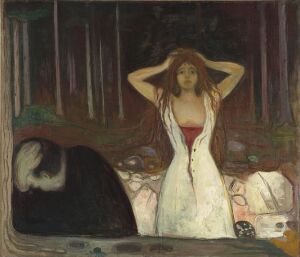  "The Madonna" by Edvard Munch, a haunting painting depicting a woman in a white dress standing with her hands behind her head in a dark, forest-like background, accompanied by a secondary, obscured figure to her left expressing despair.