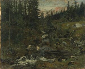  Oil on canvas painting by Gerhard Munthe, showcasing a serene natural landscape with a rocky foreground and a dense forest background under a gradient sky, portrayed in earthy tones and textured brushwork.