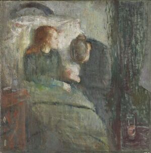  "The Sick Child" by Edvard Munch, a touching visual art piece on canvas capturing a delicate moment between an ailing young girl with auburn hair and a female figure beside her, set against a backdrop of muted green and brown tones that evoke a somber emotional atmosphere.