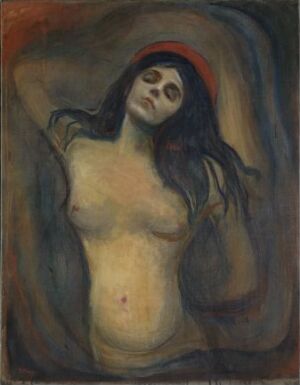  "Woman Making Love" by Edvard Munch, an oil painting on canvas depicting a serene, ethereal woman with her eyes closed, highlighted by a luminous complexion and framed by a halo of bright red, against a dark, swirling background.