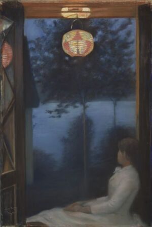  "A Japanese Lantern" by Oda Krohg, a pastel on canvas artwork, depicting a woman in white seated backward looking out a large window at twilight, with a glowing Japanese lantern hanging in the frame against a backdrop of dark blue sky and silhouetted trees.