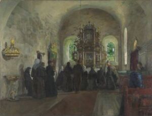  Oil on canvas by Harriet Backer depicting a tranquil church interior with congregation, featuring muted earth tones, soft shadows, and a focus on an ornate altar, encapsulating a moment of collective worship.