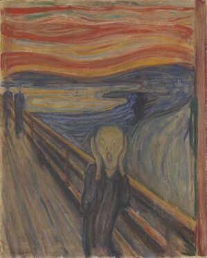  "The Scream" by Edvard Munch, an expressionist painting depicting a figure with an agonized expression standing on a bridge under a turbulent orange and red sky.