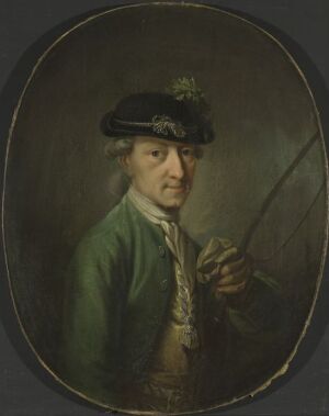  "Mann i jegerdrakt" - Portrait of a man in traditional hunter's attire, featuring a stern expression, wearing a green jacket and wide-brimmed dark hat with a sprig, holding a thin object, with