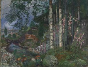  Oil on canvas landscape painting by Nikolai Astrup, featuring a visual art depiction of a dense forest with prominent birch trees, a hinted body of water, and a muted blue and grey distant background, providing a serene portrayal of an untouched natural setting.