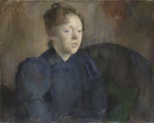  Oil painting on canvas by Harriet Backer showing a contemplative middle-aged woman in a dark blue high-necked blouse seated against a hazy, muted background of browns, greys, and dark navy, evoking a quiet and introspective mood.