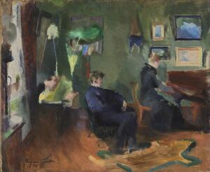 
 An oil on canvas by Harriet Backer depicting an intimate interior scene with three figures. A child sits in the left foreground with their back to the viewer while two adults converse in the center. The rooms walls are adorned with art, conveying a quiet, homey atmosphere with expressive brushstrokes in a harmonious palette of greens, blues, and dark tones.