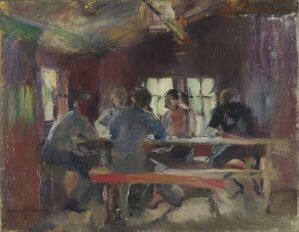  "Card Players (sketch)" by Harriet Backer, an oil on canvas painting depicting four individuals seated around a wooden table immersed in a card game, with muted colors and impressionistic brushwork emphasizing a warm, intimate interior atmosphere.