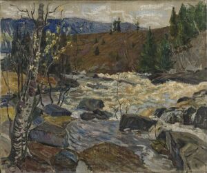  "The Waterfall at Mesna," an oil on canvas painting by Lars Jorde, features a lively Norwegian waterfall amidst rocks with surrounding verdant foliage and an overcast sky, conveying the untamed beauty of nature.