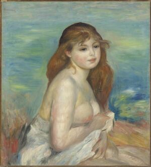 "After the Bath" by Auguste Renoir, an Impressionist oil painting on canvas depicting a contemplative young woman with auburn hair wrapped in a white cloth, seated against a backdrop of blue and turquoise suggestive of water.