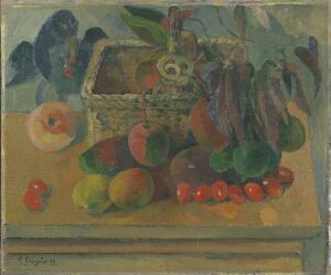  Oil painting on canvas by Paul Gauguin, featuring a still life of vibrant fruits, such as apples, pears, and grapes, in a basket on a table with a subdued background, showcasing post-impressionistic style and earthy color palette with bright color accents.