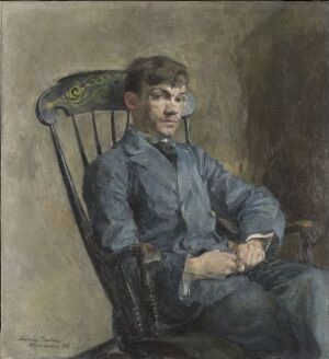  "The Composer Johan Backer Lunde," a painting by Harriet Backer, depicts a contemplative male figure seated in a wood chair with a green and gold patterned backrest. He's wearing a blue-grey shirt and trousers, with his hands resting in his lap, one holding a paper or book. The background is a subtle blend of browns and grays, focusing attention on the introspective subject.