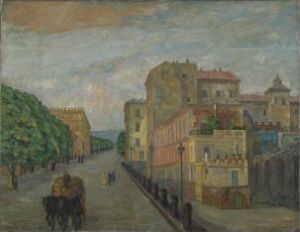 An early 20th-century oil painting on canvas by Anders Castus Svarstad, depicting a wide street lined with earth-toned European buildings with red-tiled roofs under a softly colored sky, with pedestrians and a horse-drawn cart conveying a sense of everyday tranquility.