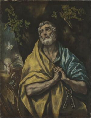  "An oil painting on canvas by El Greco, depicting a saintly figure draped in a golden-yellow cloak over a teal garment, with hands gently raised and eyes looking upwards, set against a dark, muted background with faint natural elements."