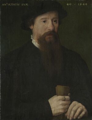  "Portrait of a Man Holding His Gloves" by Pieter Pourbus, depicting a middle-aged man with a contemplative expression, brown beard, dressed in black with a hat, holding brown gloves against a dark greenish-brown background.