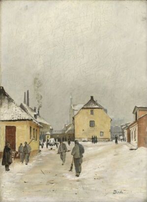  Oil painting by Edvard Diriks on wood panel depicting a snowy street scene in muted tones of gray, white, and beige, with figures in dark clothing traversing the chalky snow-covered path, surrounded by buildings in soft yellow and beige under a subdued gray sky.