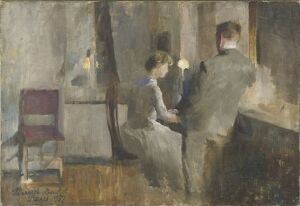  "Music, Interior from Paris" by Harriet Backer, an impressionistic oil painting featuring two individuals at a piano in a room with soft, muted colors of grays, beiges, and browns with a touch of red from an upholstered chair.