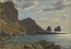  Oil on paper mounted on canvas painting by Thomas Fearnley depicting a coastal landscape with a towering cliff on the left, leading to a sea with four sea stacks. The colors reflect a serene setting with a mix of earthy tones for the land and cool blues for the water and sky, with touches of yellow light indicating the position of the sun off-canvas.