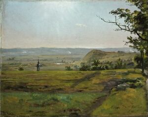  Oil painting by Johan Christian Dahl depicting a peaceful rural landscape with a tree in the lower left, a winding path with a lone figure, and distant hills under a clear sky, showcasing a variety of earthy colors and a sense of depth.