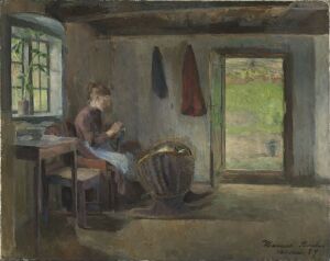  "Farmhouse Interior, Skotta, Bærum" by Harriet Backer, a painting depicting a young woman engaged in handiwork inside a rustic, dimly lit room with a large open window revealing the lush outdoor landscape, contrasted by a single red garment hanging on the wall.