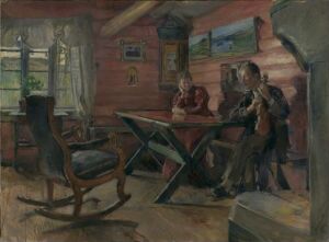  Oil painting by Harriet Backer depicting a serene moment inside a wooden cabin with two individuals seated at a central table. The warm hues of the wooden interior blend with red and dark attire of the figures, highlighted subtly by natural light streaming through a window, capturing a sense of stillness and intimate daily life.