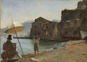  "Sorrento" by Thomas Fearnley, a fine art oil painting on paper mounted on canvas, depicting two figures by a coastal scene with an anchored sailboat and weathered buildings set against a backdrop of a steep cliff under a light blue sky.