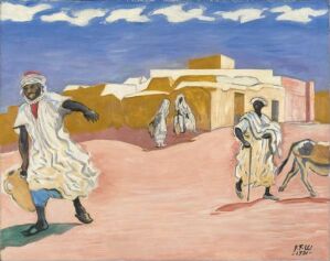  An oil painting on canvas by Jens Ferdinand Willumsen showing a lively scene with three figures on a red, desert-like ground. The central figure in white, highlighted by a red headwrap, appears dynamically in motion. To the right, another person sits on the ground in a resting pose. Background structures in soft earth tones under a sky transitioning from deep to light blue suggest a serene village setting. The interplay of warm reds and yellows