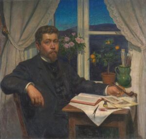  An oil painting on canvas by Alf Lundeby, portraying a man in a dark blue suit seated by a desk with books, in a room with a window showing a night sky, white curtains, and a flowerpot with green plants and yellow flowers.
