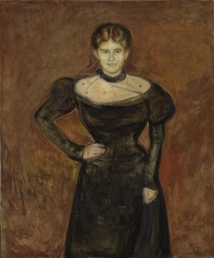  An oil painting on canvas by Edvard Munch featuring a woman in a dark Victorian dress against a background of muted earth tones. The woman stands centrally, facing forward, with subdued and contemplative expression, illuminated against the darker hues of her attire.