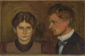  "Aase and Harald Nørregaard" by Edvard Munch, an oil painting on paperboard featuring a woman and a man in muted earth tones with introspective expressions against an indistinct, blending background.